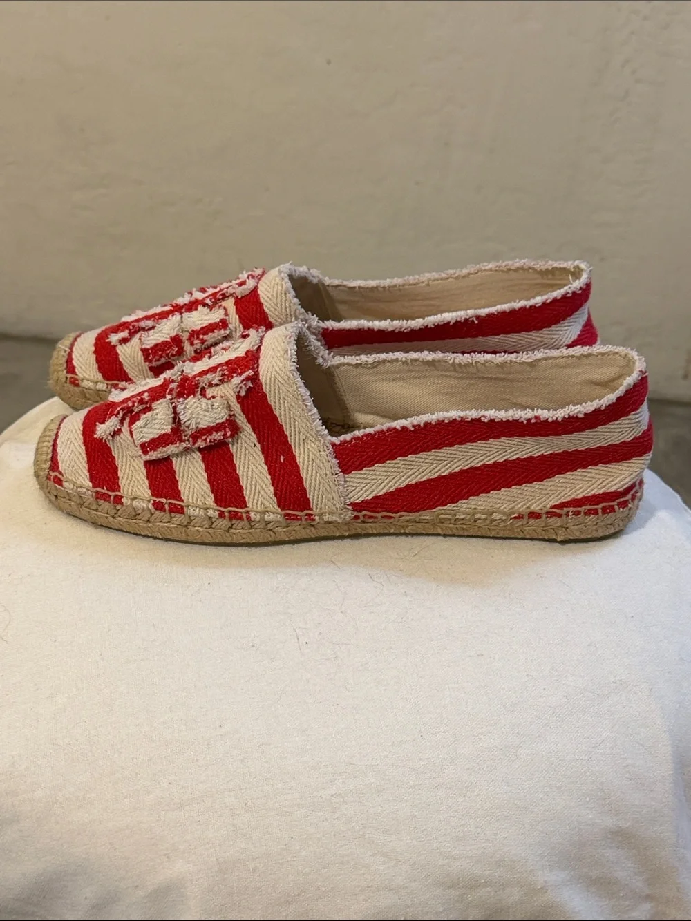 Tory Burch Red and Cream Striped Espadrille Slip-On